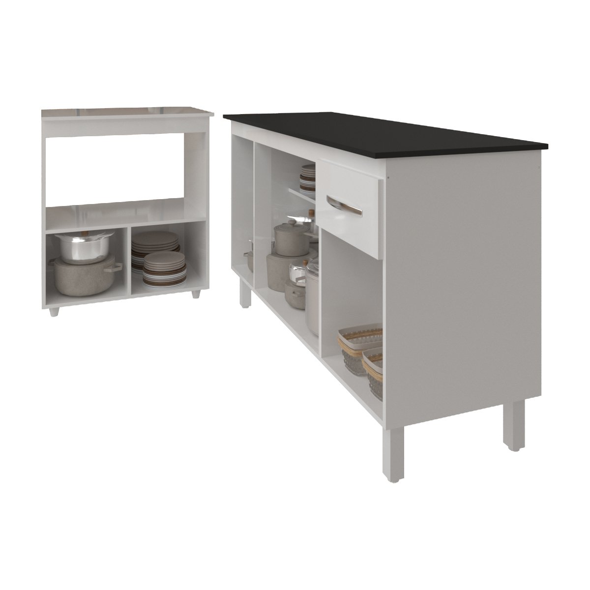 Armário Gabinete Camila 138 cm com Tampo Tampão e Balcão Amanda para Forno e Microondas Branco e Preto 