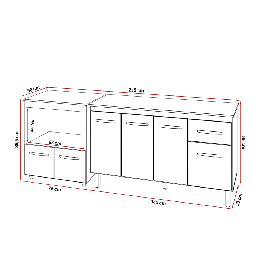Armário Gabinete Camila 138 cm com Tampo Tampão e Balcão Amanda para Forno e Microondas Branco e Preto 