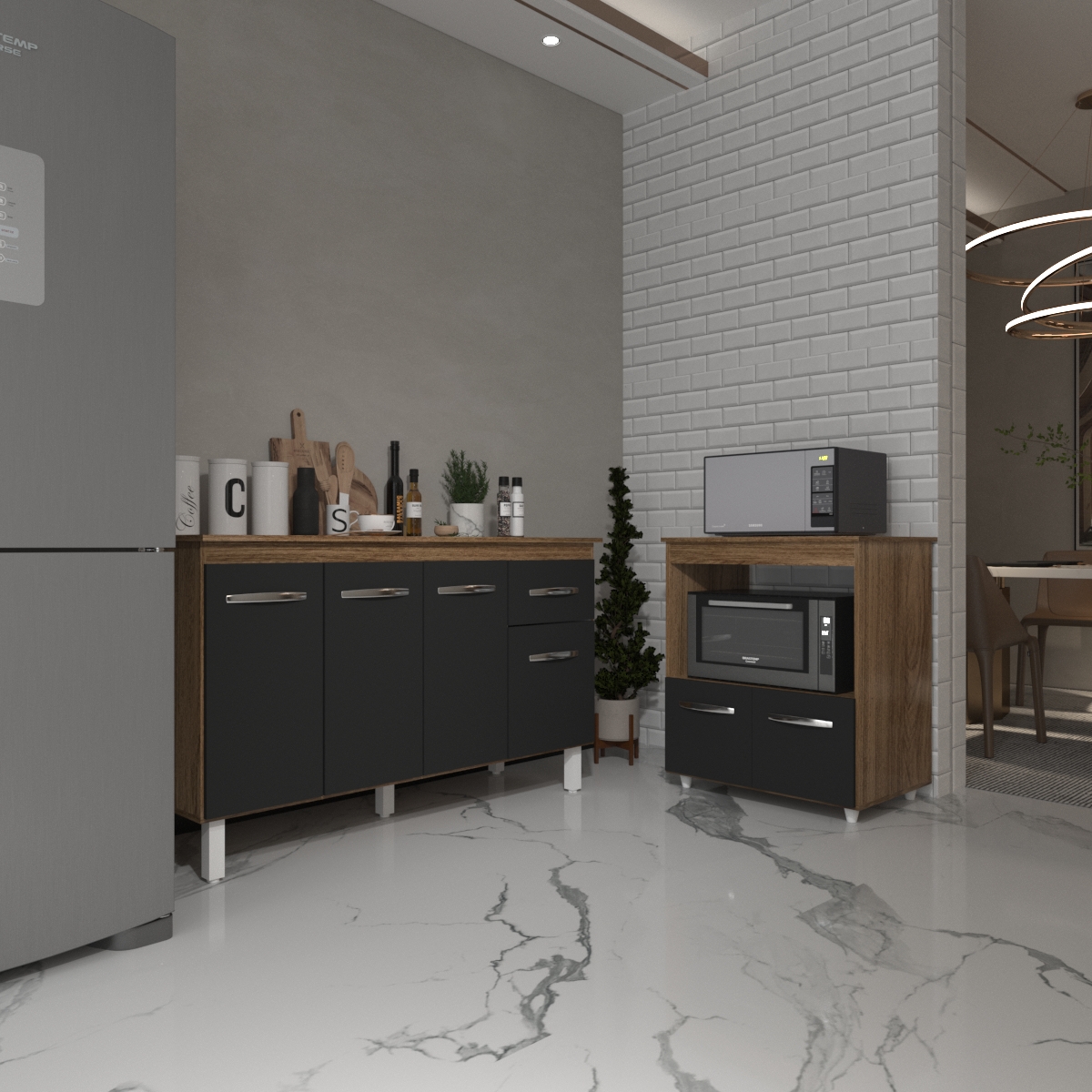 Armário Gabinete Camila 138 cm com Tampo Tampão e Balcão Amanda para Forno e Microondas Savana com Preto 
