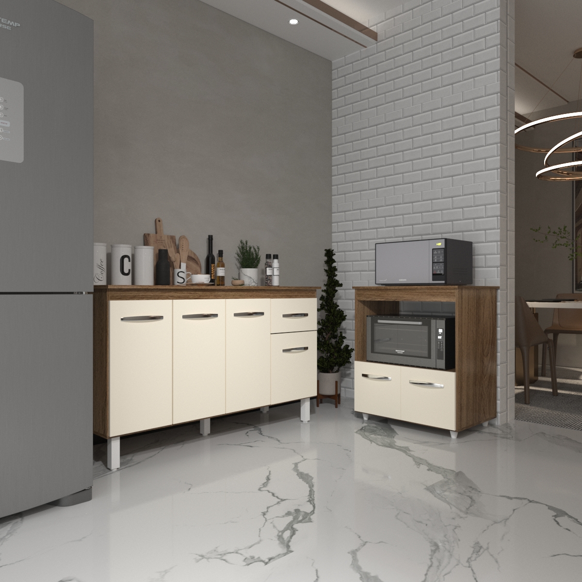 Armário Gabinete Camila 138 cm com Tampo Tampão e Balcão Amanda para Forno e Microondas Savana e Off White 