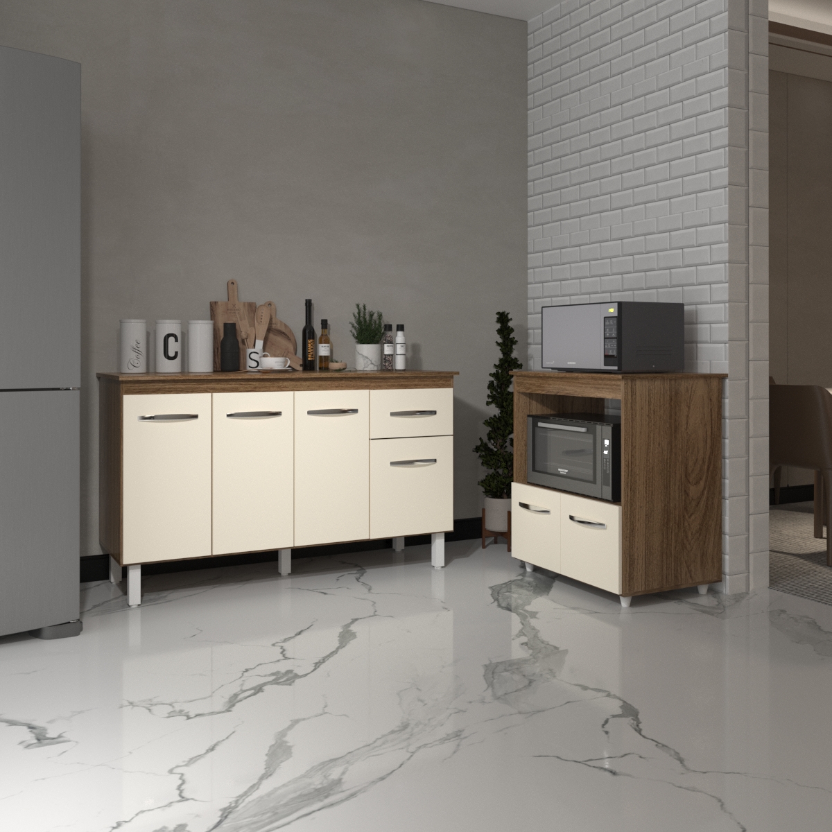 Armário Gabinete Camila 138 cm com Tampo Tampão e Balcão Amanda para Forno e Microondas Savana e Off White 