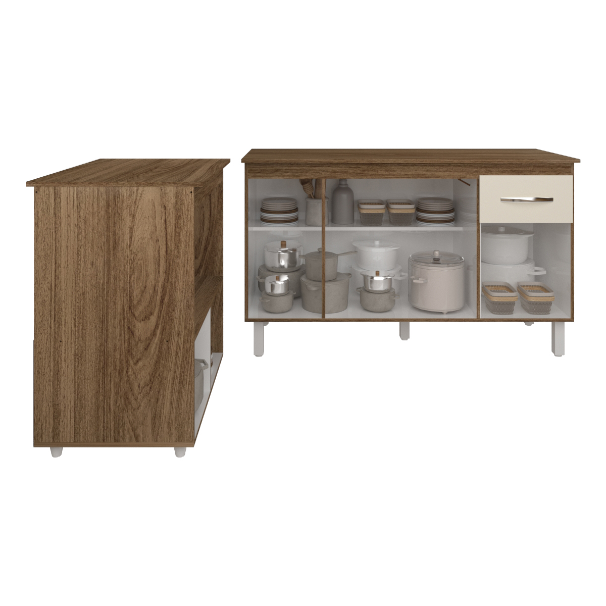 Armário Gabinete Camila 138 cm com Tampo Tampão e Balcão Amanda para Forno e Microondas Savana e Off White 