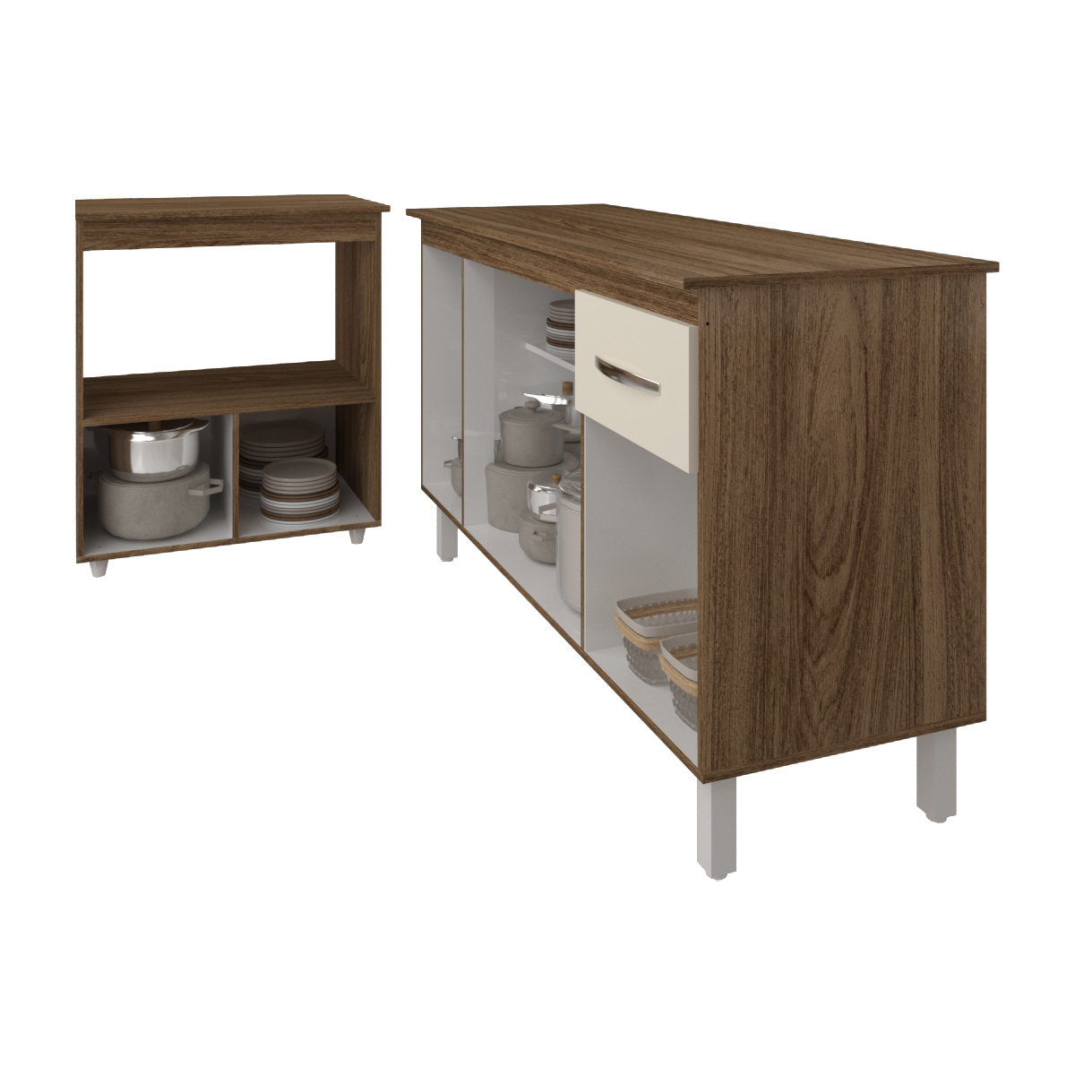 Armário Gabinete Camila 138 cm com Tampo Tampão e Balcão Amanda para Forno e Microondas Savana e Off White 