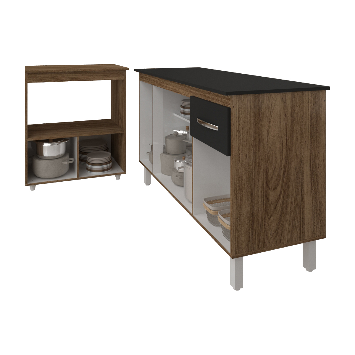Armário Gabinete Camila 138 cm com Tampo Tampão e Balcão Amanda para Forno e Microondas Savana e Preto 
