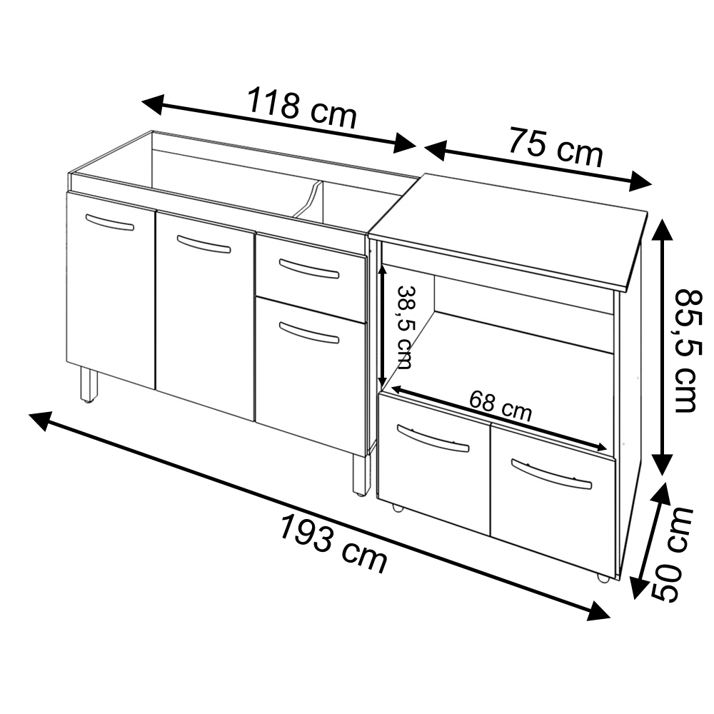 Armário Gabinete pia de 120 cm Anitta com Balcão multiuso micro-ondas Forno Elétrico Ângela Savana frente preta