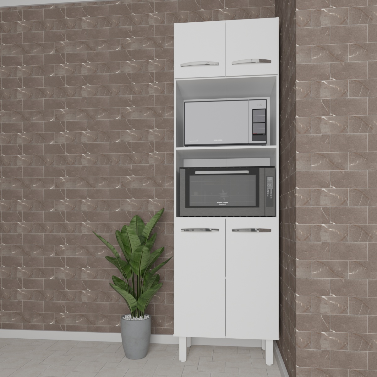 Armário Torre Quente Paneleiro de Cozinha 4 Portas e 2 Nichos para Forno e Microondas Luna Branco 