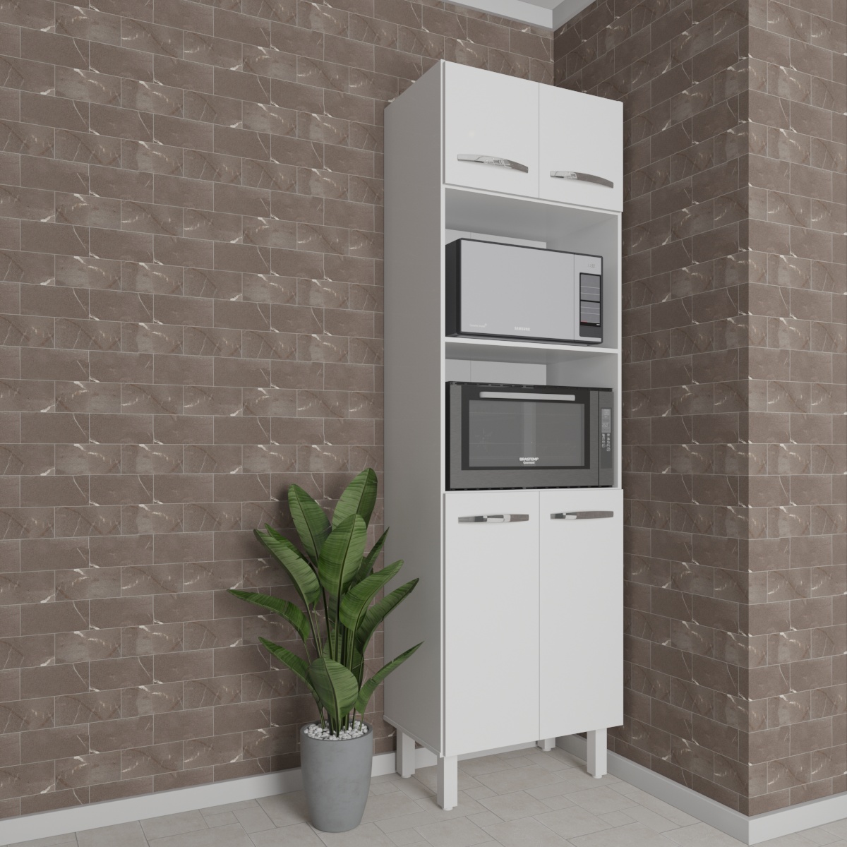 Armário Torre Quente Paneleiro de Cozinha 4 Portas e 2 Nichos para Forno e Microondas Luna Branco 