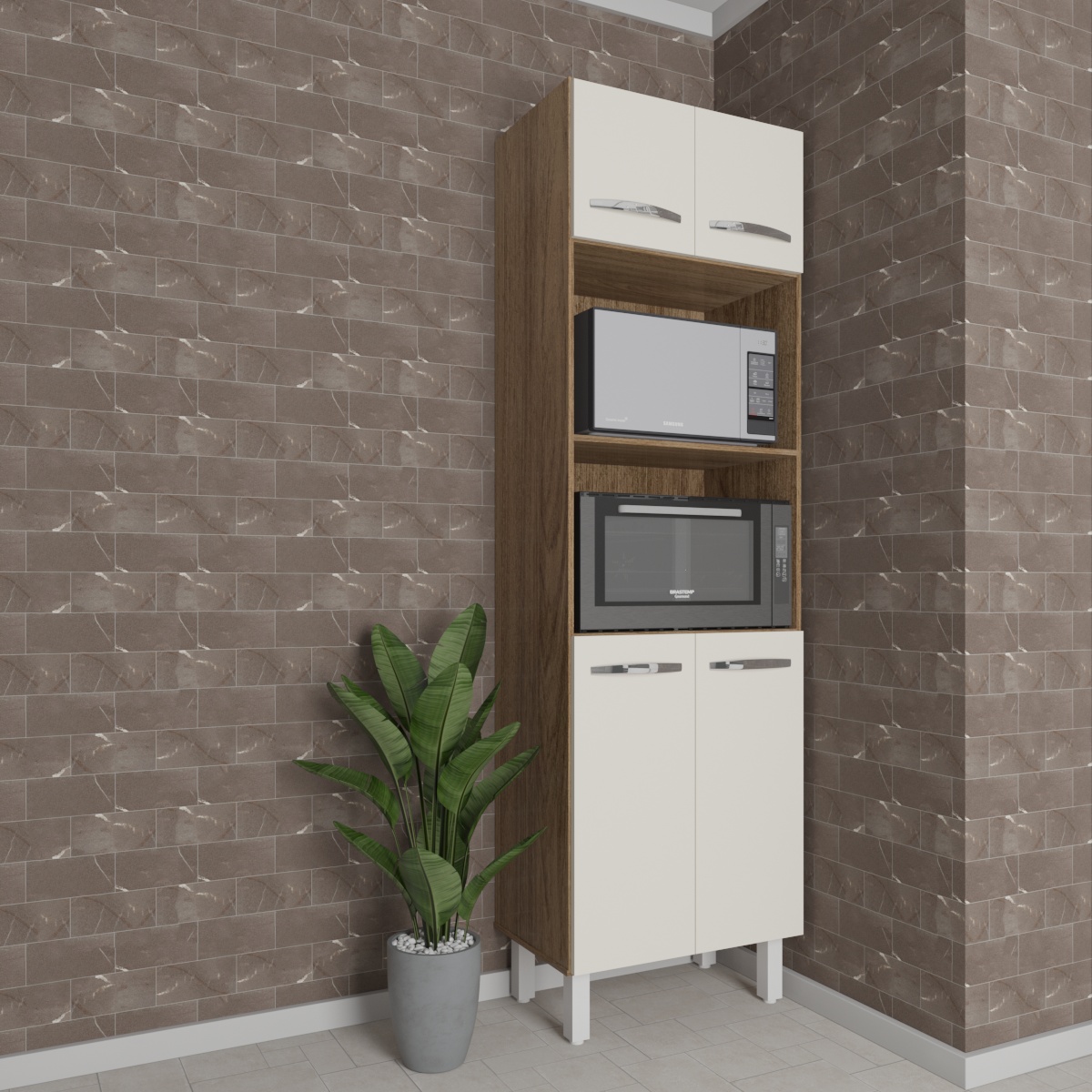 Armário Torre Quente Paneleiro de Cozinha 4 Portas e 2 Nichos para Forno e Microondas Luna Savana e Off White 