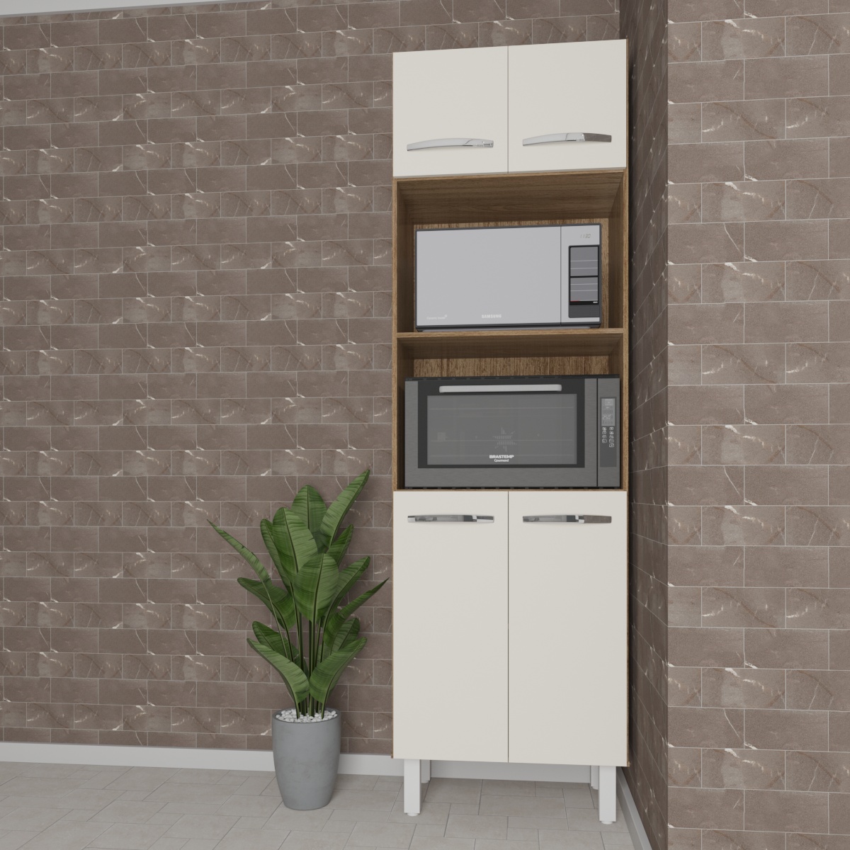 Armário Torre Quente Paneleiro de Cozinha 4 Portas e 2 Nichos para Forno e Microondas Luna Savana e Off White 