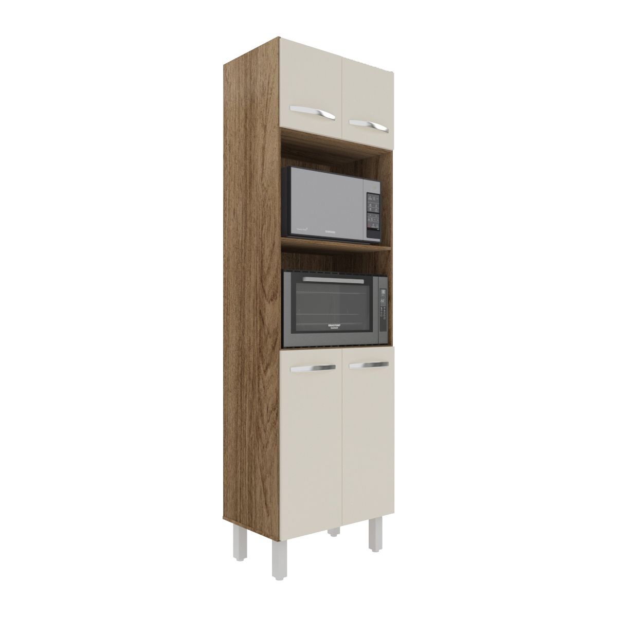 Armário Torre Quente Paneleiro de Cozinha 4 Portas e 2 Nichos para Forno e Microondas Luna Savana e Off White 