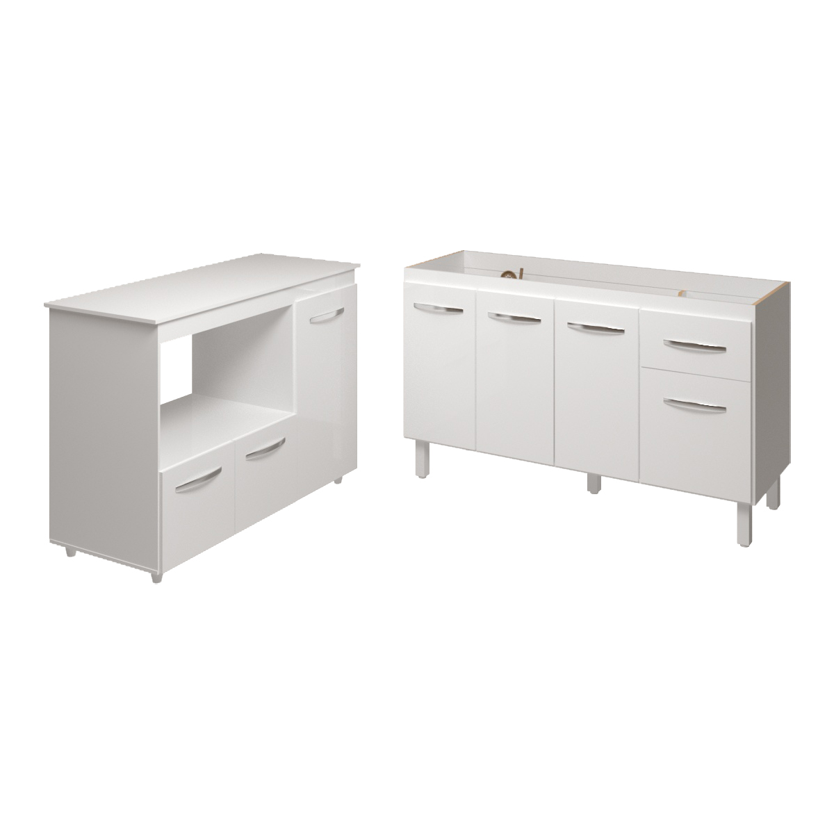 Balcão Armário Camila Cozinha Gabinete de Pia 140 cm e Balcão para Forno Elétrico e Microondas Lilian Branco 