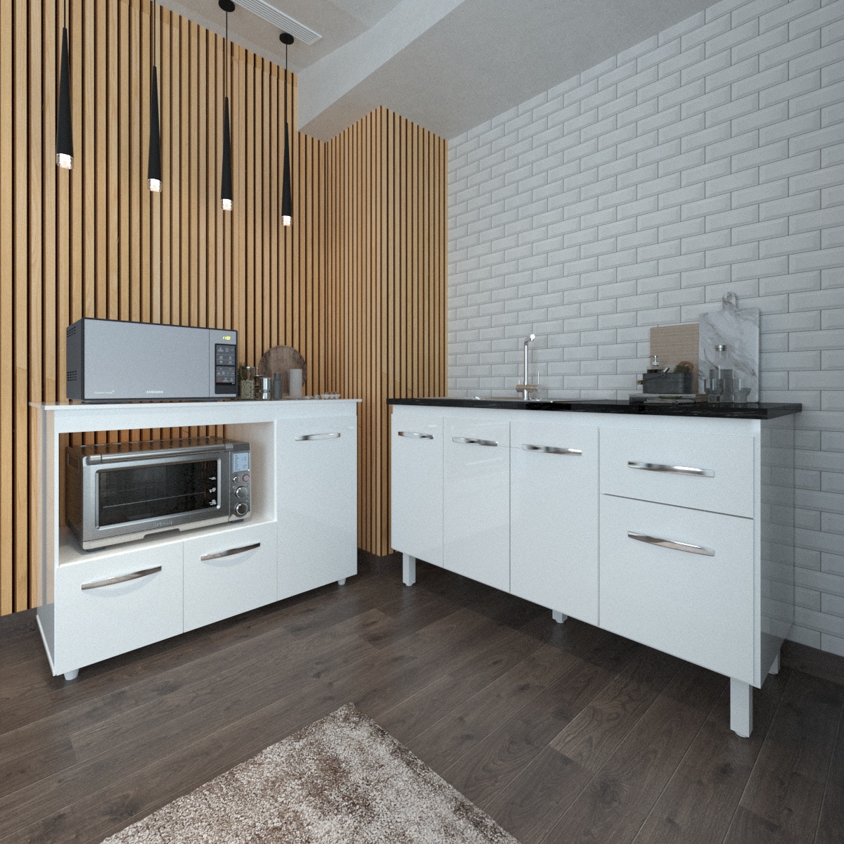 Balcão Armário Camila Cozinha Gabinete de Pia 140 cm e Balcão para Forno Elétrico e Microondas Lilian Branco 