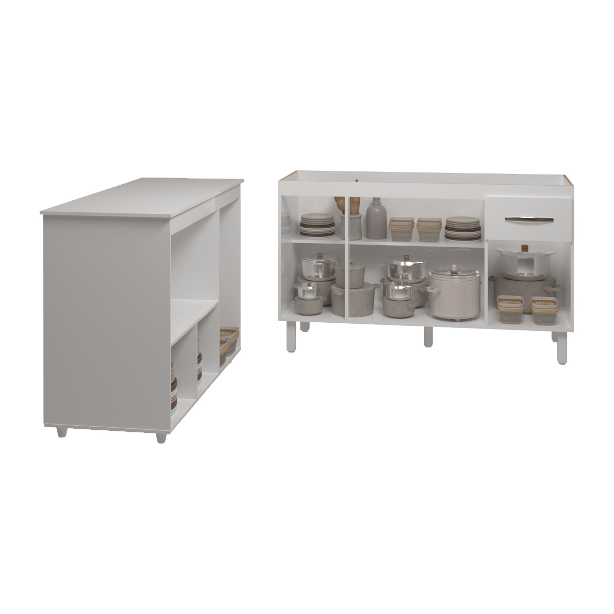 Balcão Armário Camila Cozinha Gabinete de Pia 140 cm e Balcão para Forno Elétrico e Microondas Lilian Branco 