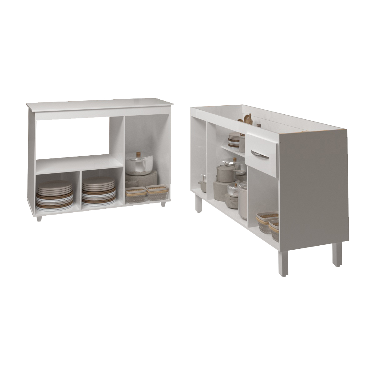 Balcão Armário Camila Cozinha Gabinete de Pia 140 cm e Balcão para Forno Elétrico e Microondas Lilian Branco 
