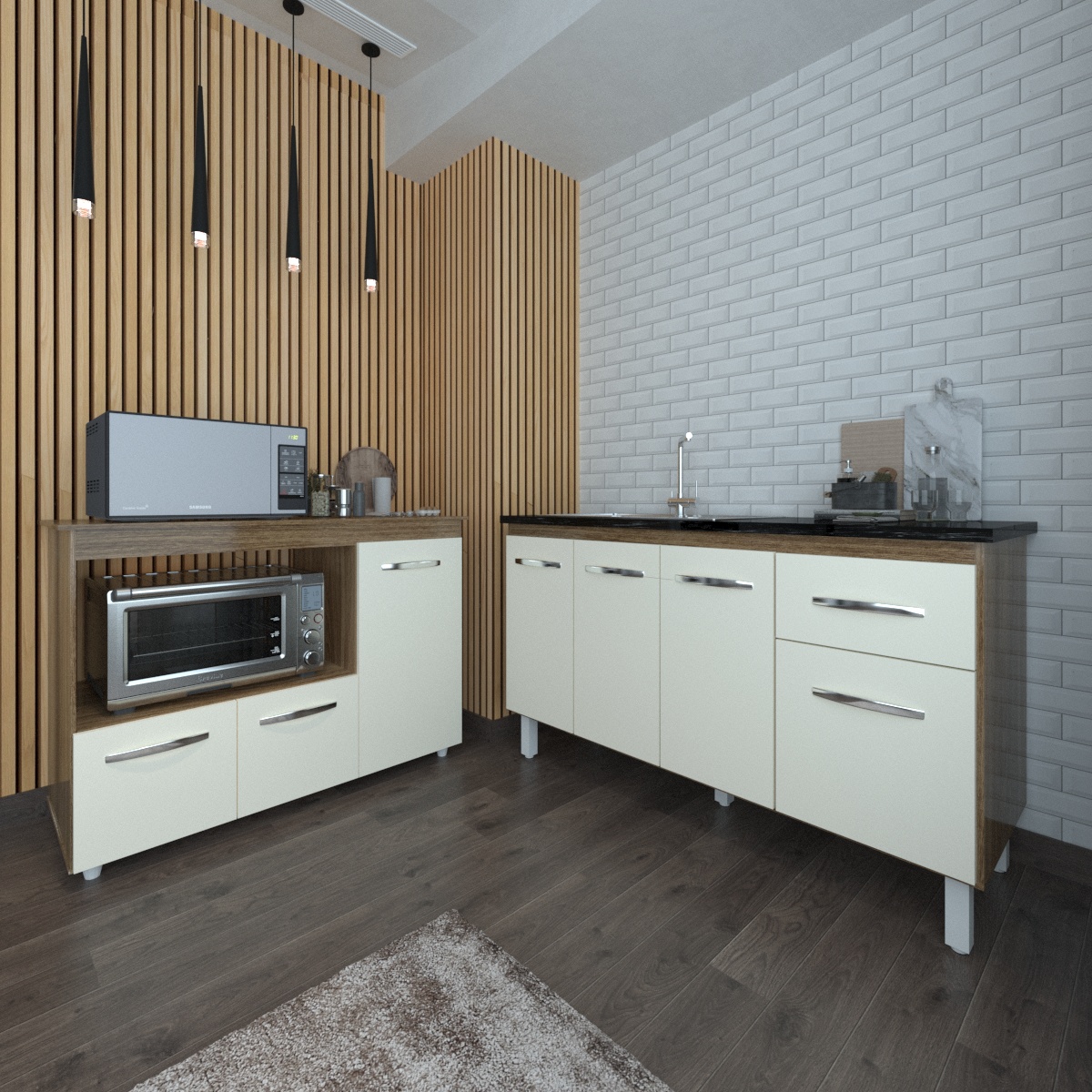 Balcão Armário Camila Cozinha Gabinete de Pia 140 cm e Balcão para Forno Elétrico e Microondas Lilian Savana Off White 