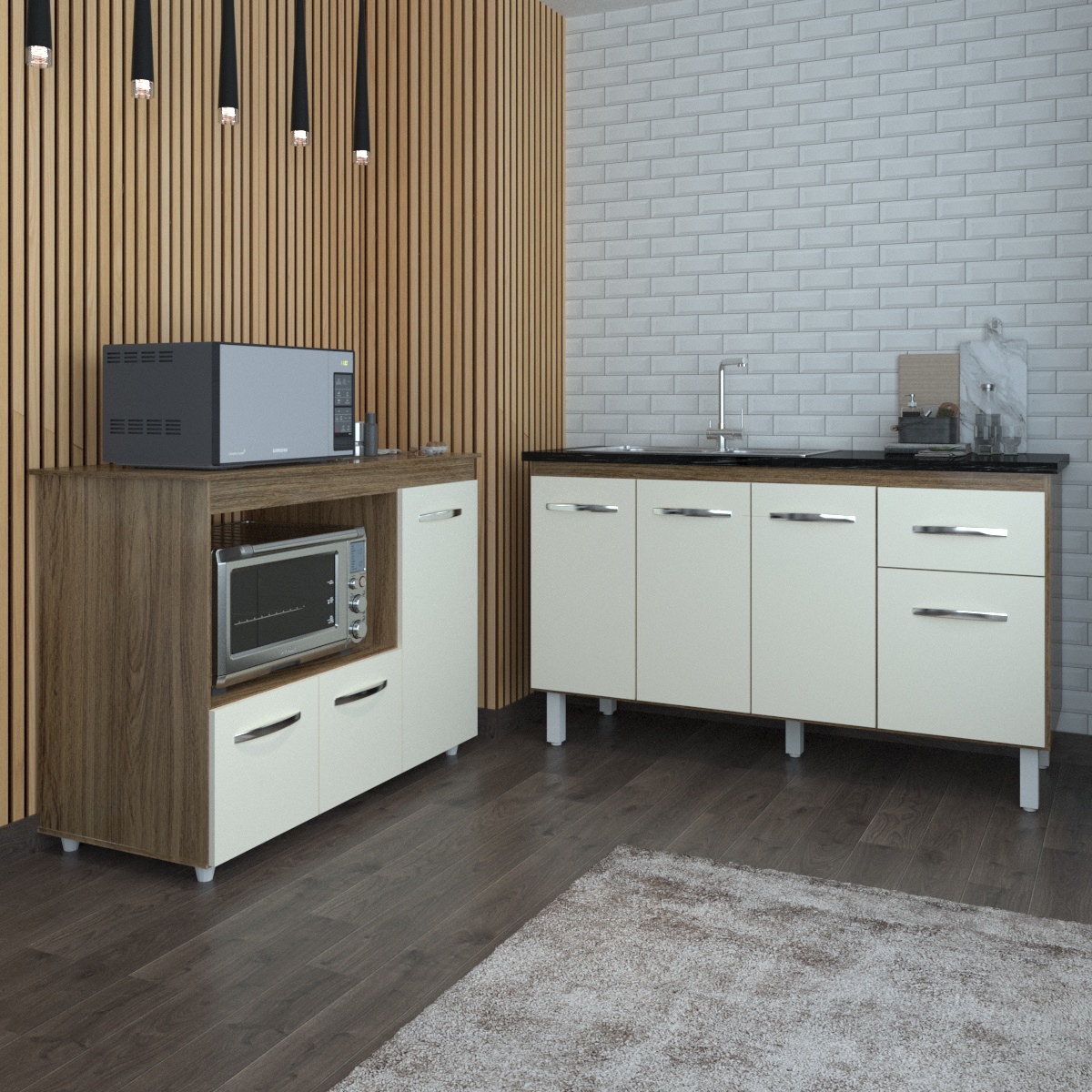 Balcão Armário Camila Cozinha Gabinete de Pia 140 cm e Balcão para Forno Elétrico e Microondas Lilian Savana Off White 