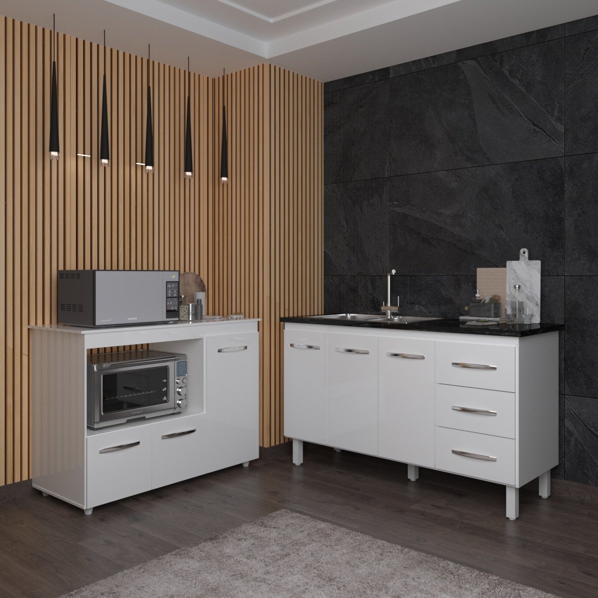 Balcão Armário Cozinha Carine Gabinete de Pia 140 cm e Balcão Lilian para Forno Elétrico e Microondas Branco 