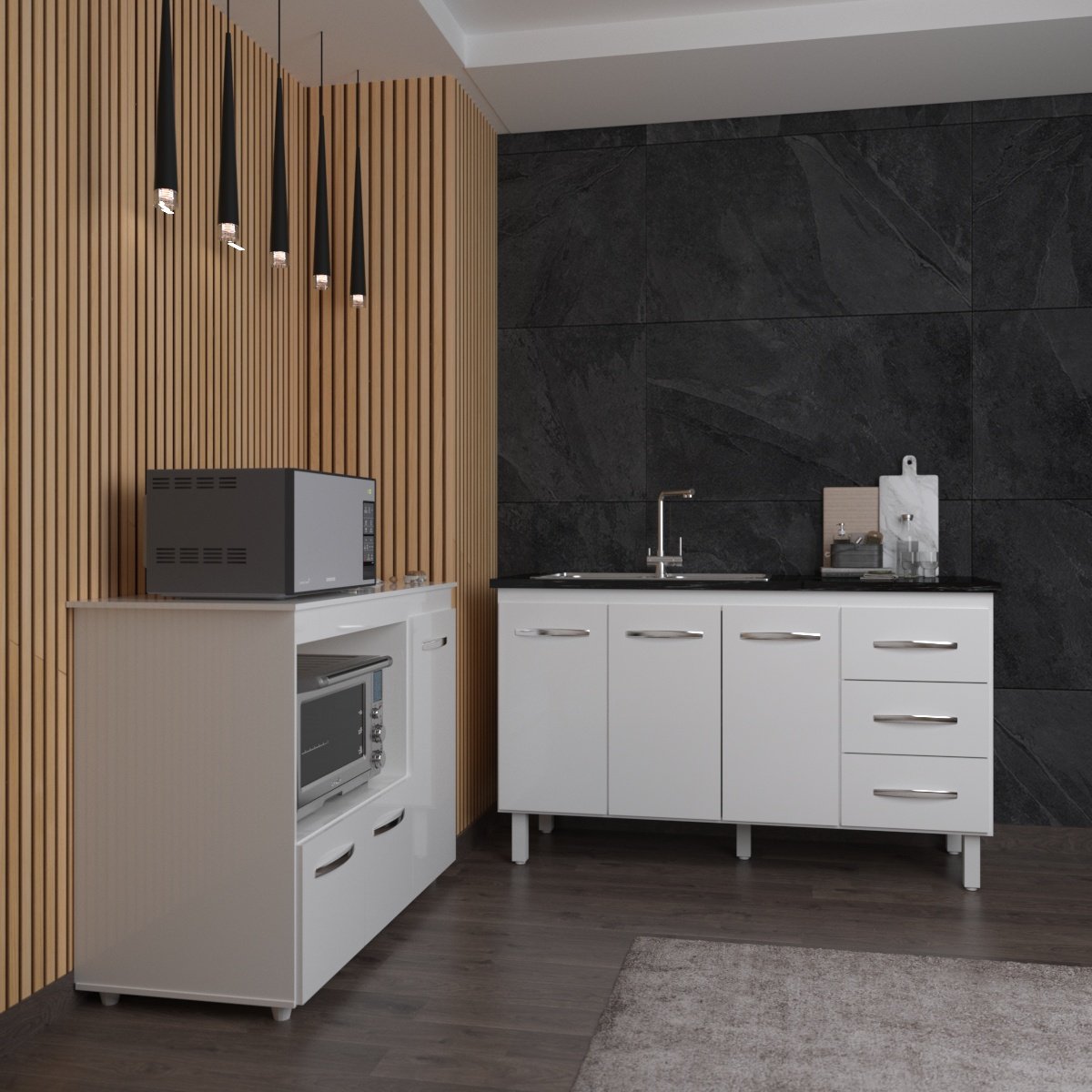 Balcão Armário Cozinha Carine Gabinete de Pia 140 cm e Balcão Lilian para Forno Elétrico e Microondas Branco 