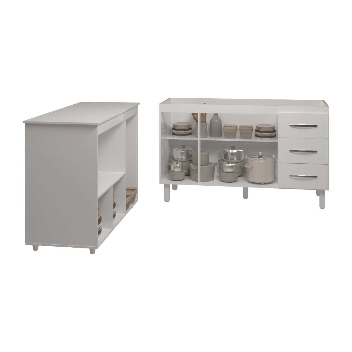 Balcão Armário Cozinha Carine Gabinete de Pia 140 cm e Balcão Lilian para Forno Elétrico e Microondas Branco 