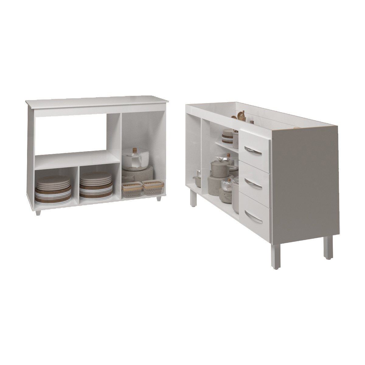 Balcão Armário Cozinha Carine Gabinete de Pia 140 cm e Balcão Lilian para Forno Elétrico e Microondas Branco 