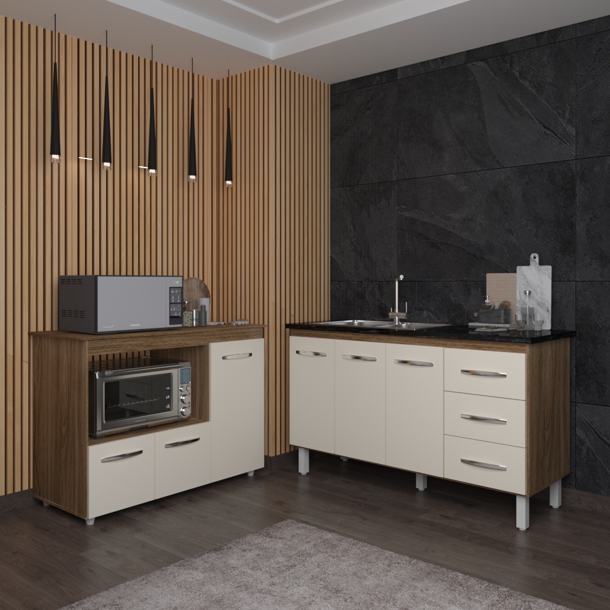 Balcão Armário Cozinha Carine Gabinete de Pia 140 cm e Balcão Lilian para Forno Elétrico e Microondas Savana Off White