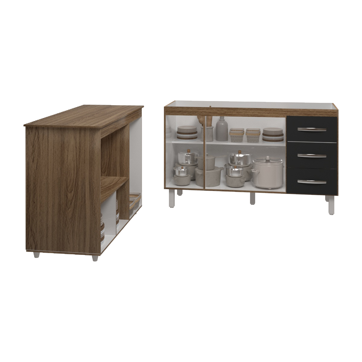 Balcão Armário Cozinha Carine Gabinete de Pia 140 cm e Balcão Lilian para Forno Elétrico e Microondas Savana Preto 