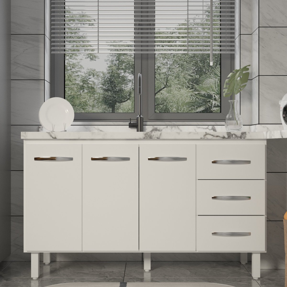 Balcão Armário Cozinha Gabinete Pia de 140 cm Carine com 3 Portas e 3 Gavetas Branco 