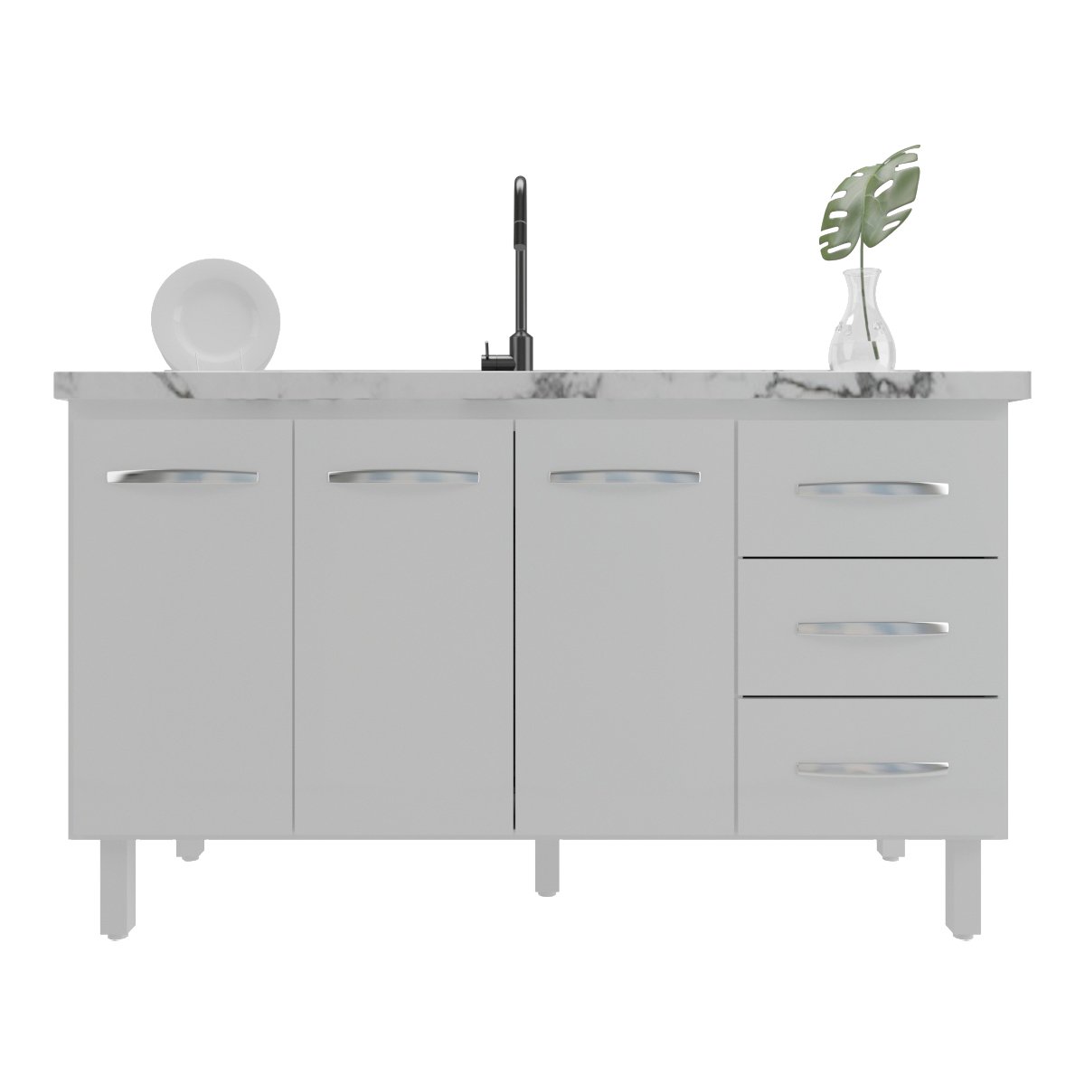 Balcão Armário Cozinha Gabinete Pia de 140 cm Carine com 3 Portas e 3 Gavetas Branco 