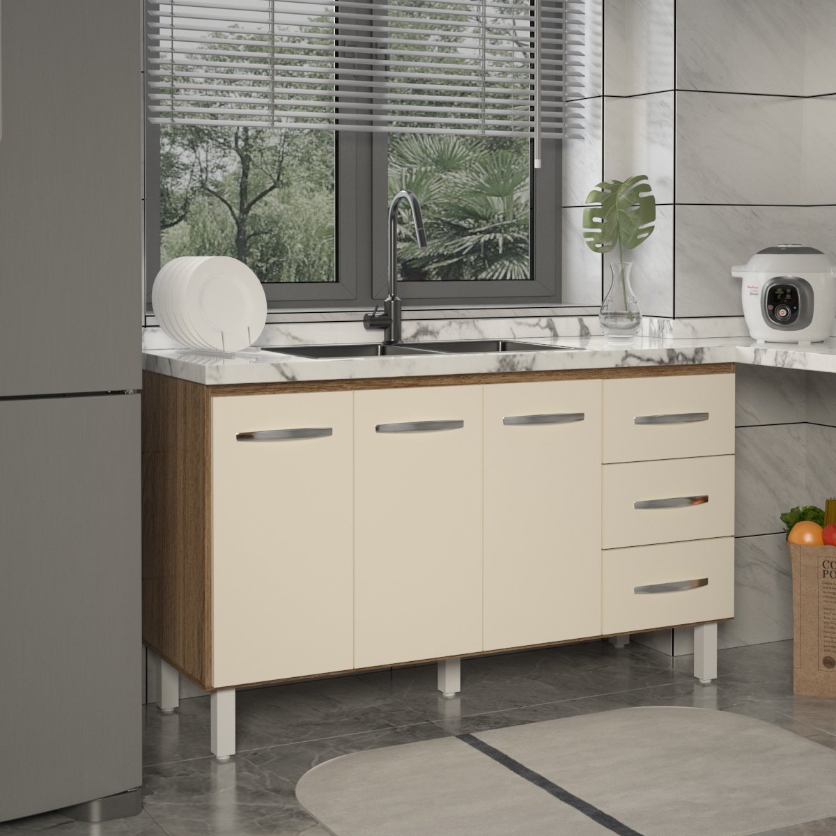 Balcão Armário Cozinha Gabinete Pia de 140 cm Carine com 3 Portas e 3 Gavetas Savana Off White 