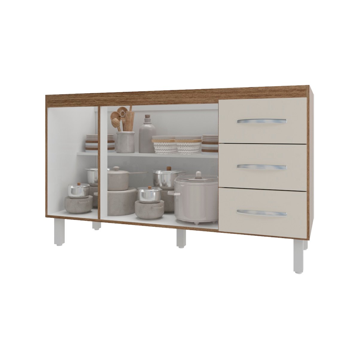 Balcão Armário Cozinha Gabinete Pia de 140 cm Carine com 3 Portas e 3 Gavetas Savana Off White 