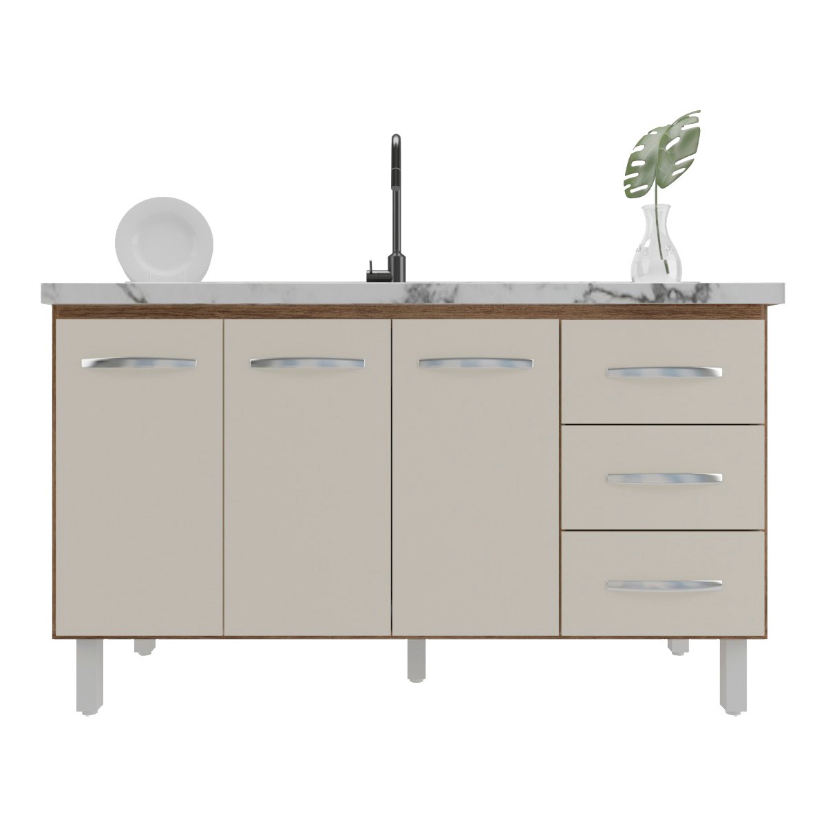 Balcão Armário Cozinha Gabinete Pia de 140 cm Carine com 3 Portas e 3 Gavetas Savana Off White 