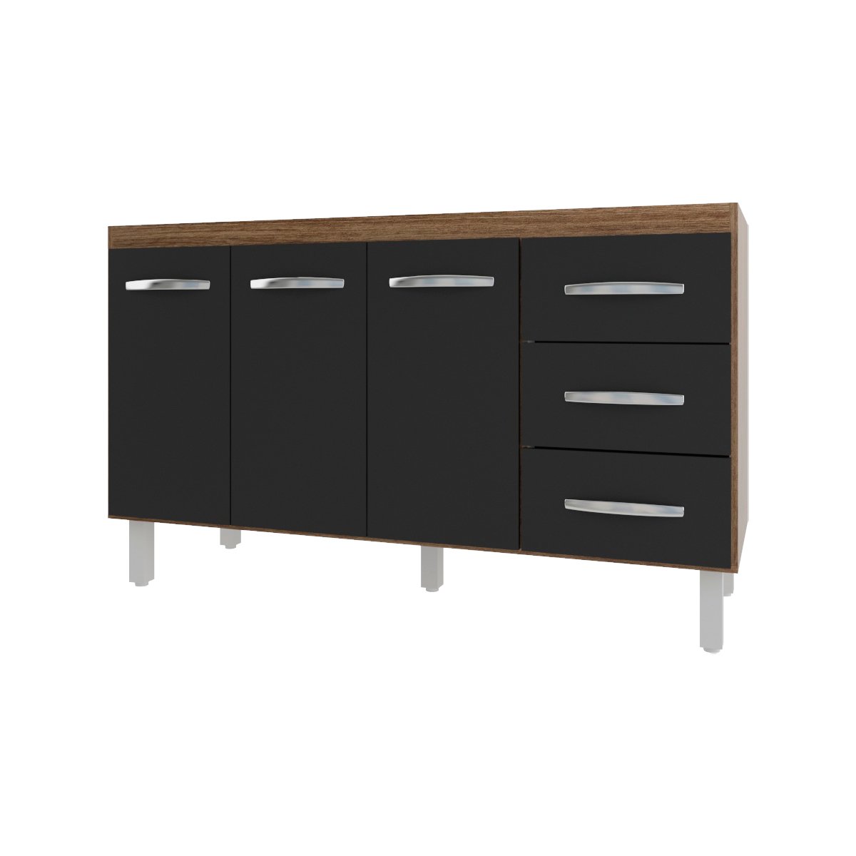 Balcão Armário Cozinha Gabinete Pia de 140 cm Carine com 3 Portas e 3 Gavetas Savana Preto 