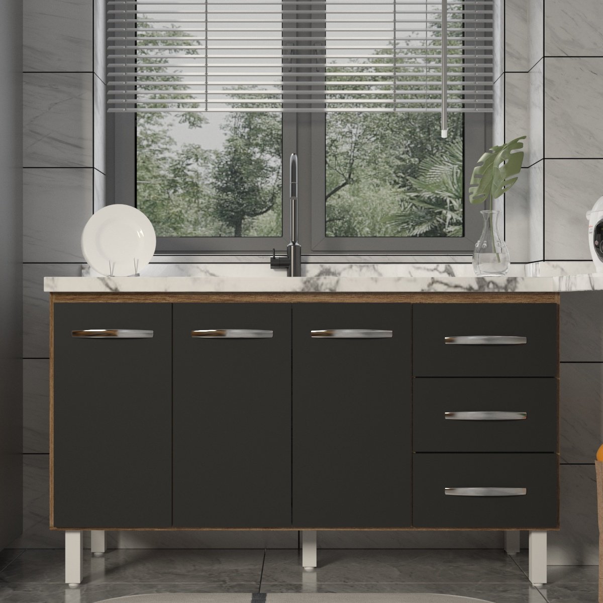 Balcão Armário Cozinha Gabinete Pia de 140 cm Carine com 3 Portas e 3 Gavetas Savana Preto 