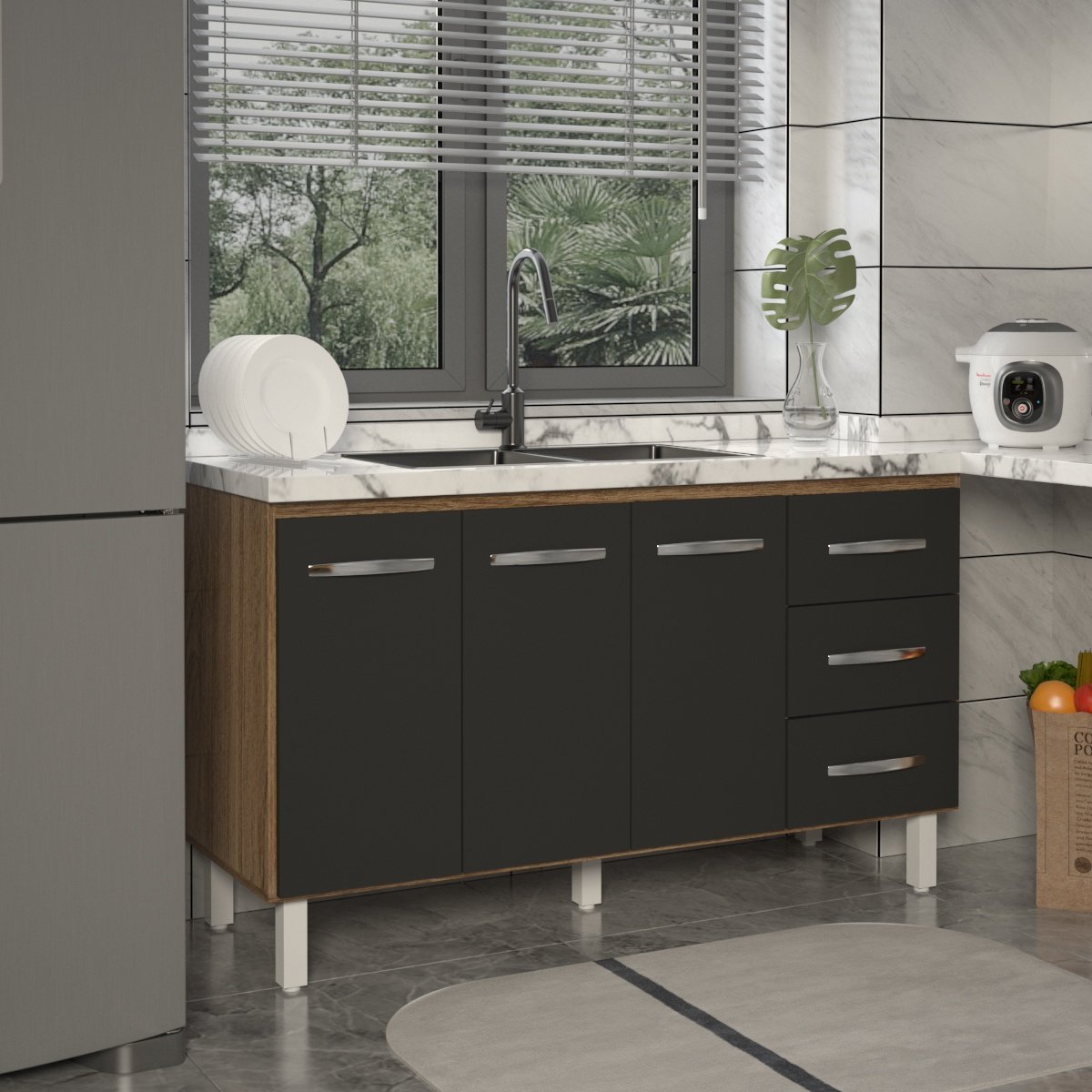 Balcão Armário Cozinha Gabinete Pia de 140 cm Carine com 3 Portas e 3 Gavetas Savana Preto 