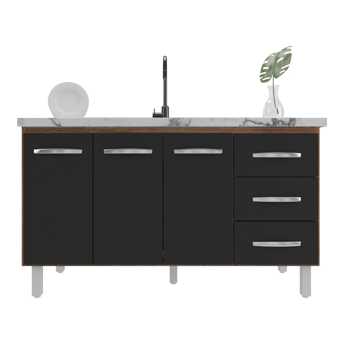 Balcão Armário Cozinha Gabinete Pia de 140 cm Carine com 3 Portas e 3 Gavetas Savana Preto 