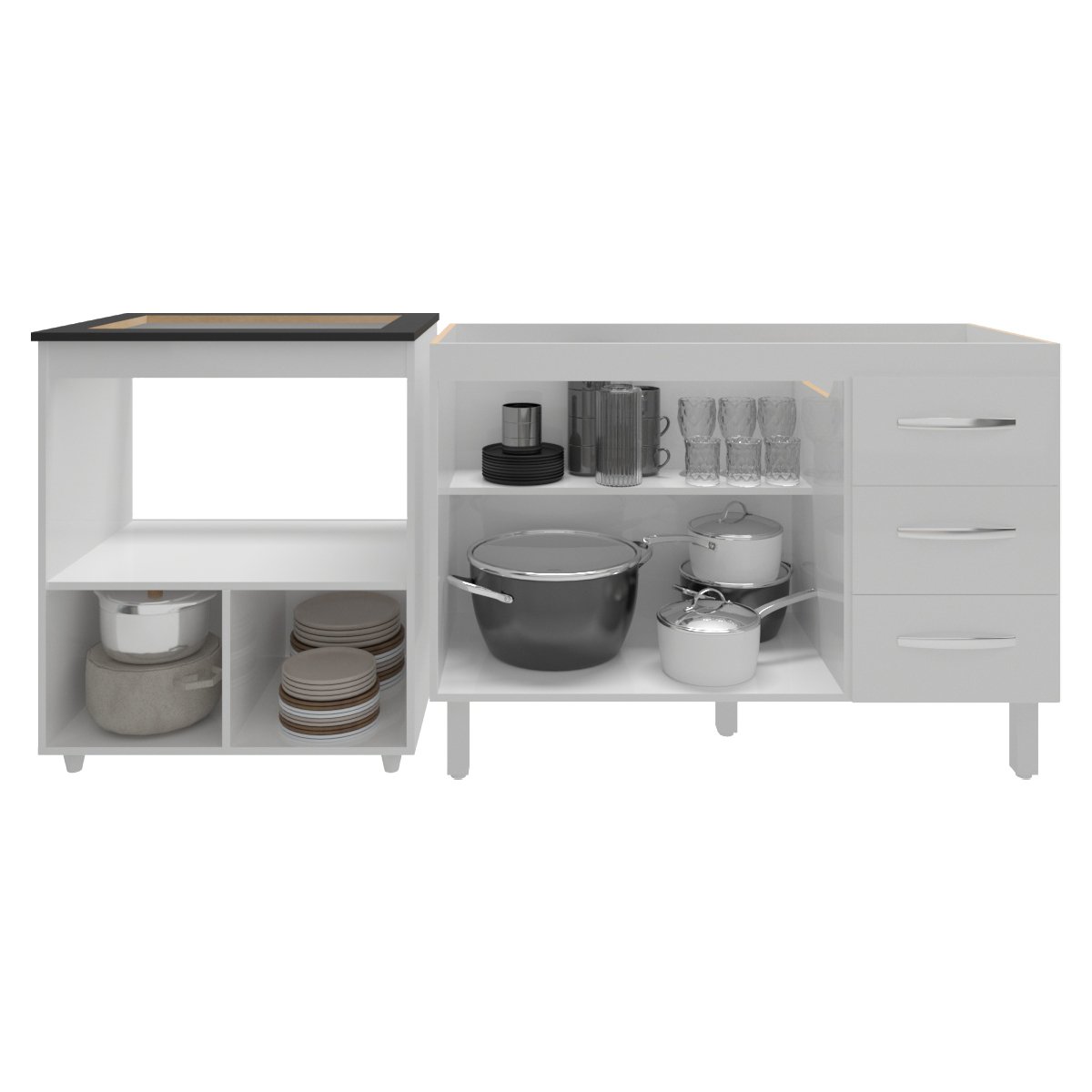 Balcão Armário Cozinha Gabinete de Pia 120 cm Bruna e Balcão para Fogão Cooktop 4 Bocas e Forno Evelyn Branco 