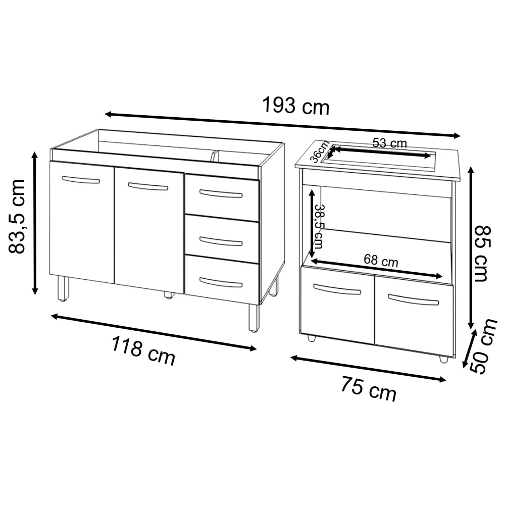 Balcão Armário Cozinha Gabinete de Pia 120 cm Bruna e Balcão para Fogão Cooktop 4 Bocas e Forno Evelyn Branco 