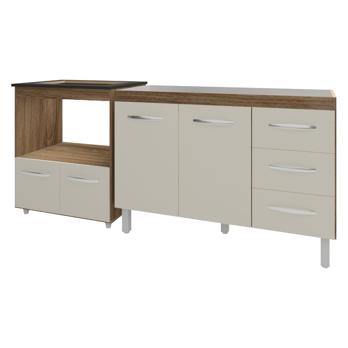 Balcão Armário Cozinha Gabinete de Pia 120 cm Bruna e Balcão para Fogão Cooktop 4 Bocas e Forno Evelyn Savana Off White 