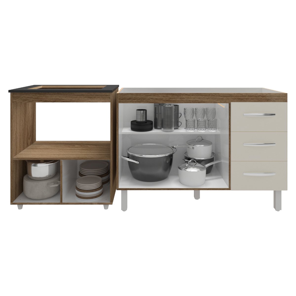 Balcão Armário Cozinha Gabinete de Pia 120 cm Bruna e Balcão para Fogão Cooktop 4 Bocas e Forno Evelyn Savana Off White 