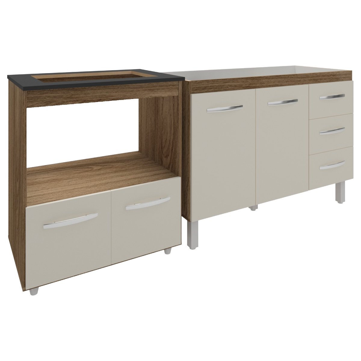 Balcão Armário Cozinha Gabinete de Pia 120 cm Bruna e Balcão para Fogão Cooktop 4 Bocas e Forno Evelyn Savana Off White 