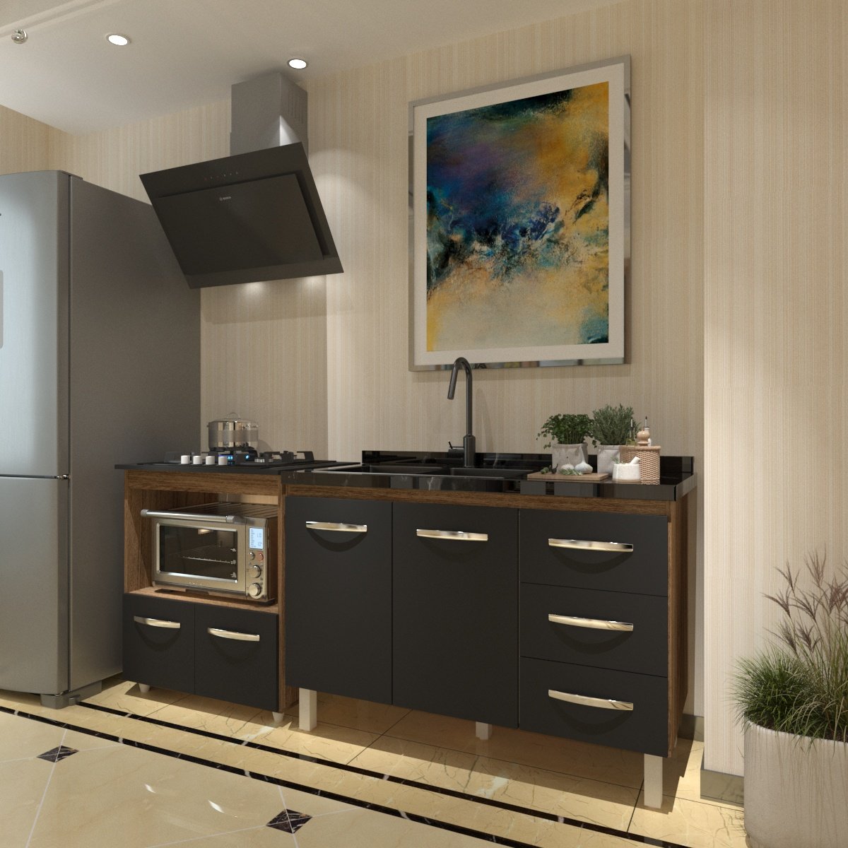 Balcão Armário Cozinha Gabinete de Pia 120 cm Bruna e Balcão para Fogão Cooktop 4 Bocas e Forno Evelyn Savana Preto 