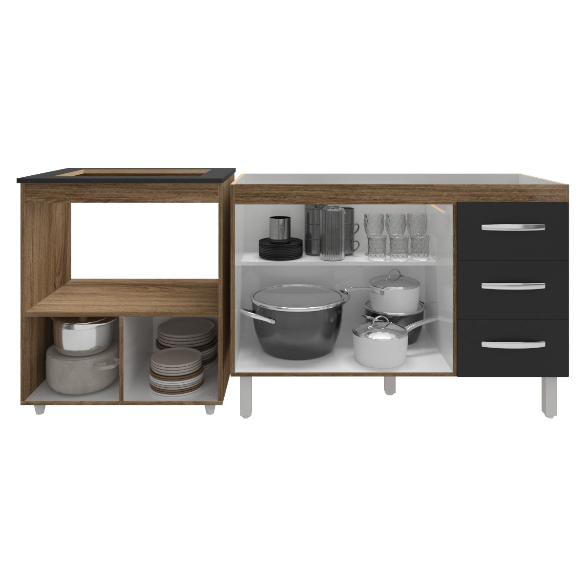 Balcão Armário Cozinha Gabinete de Pia 120 cm Bruna e Balcão para Fogão Cooktop 4 Bocas e Forno Evelyn Savana Preto 