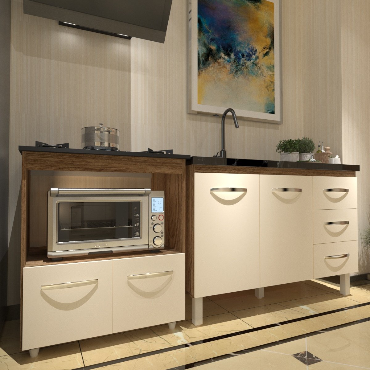 Balcão Armário Cozinha Gabinete de Pia 120 cm Bruna e Balcão para Fogão Cooktop 5 Bocas e Forno Evelyn Savana Off White 