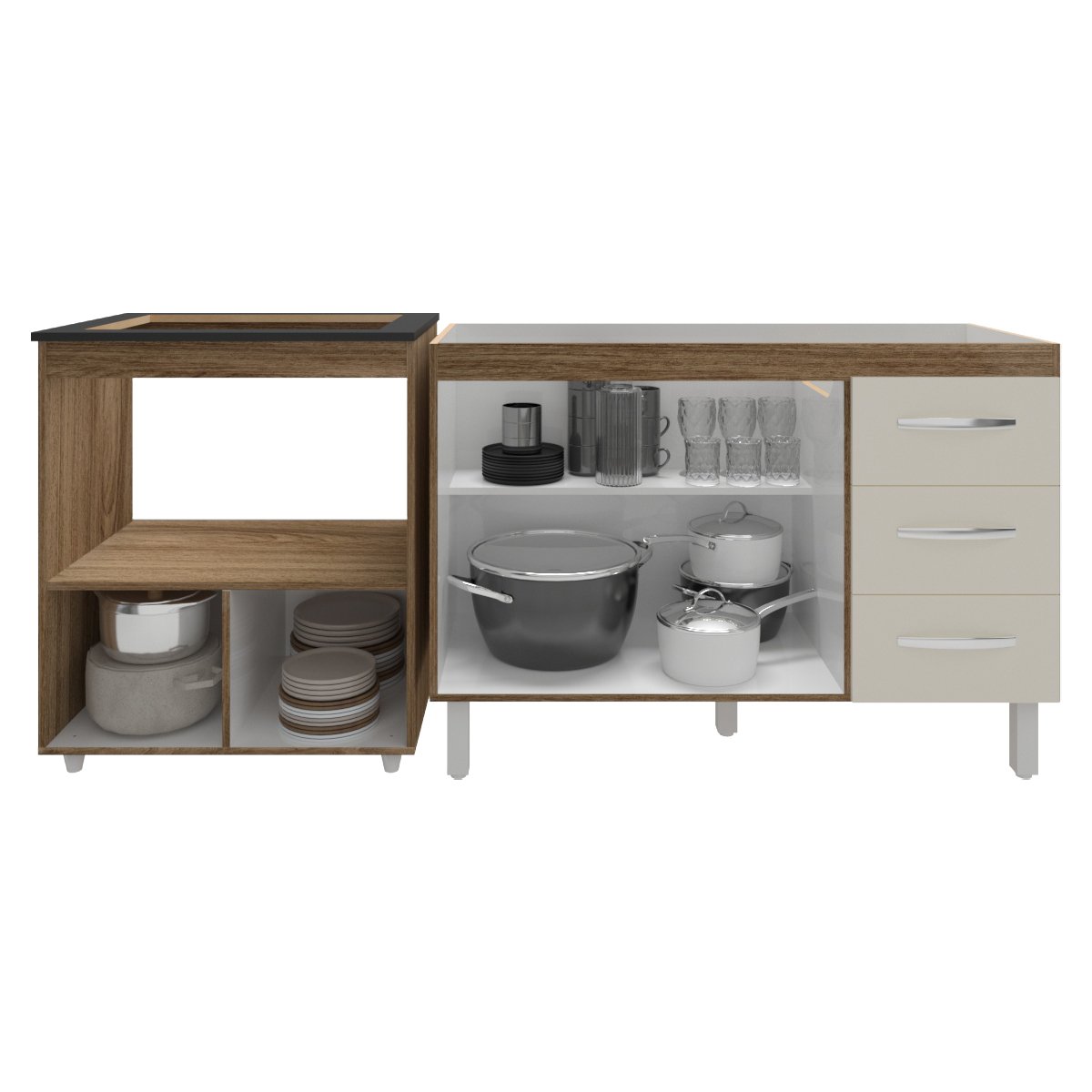 Balcão Armário Cozinha Gabinete de Pia 120 cm Bruna e Balcão para Fogão Cooktop 5 Bocas e Forno Evelyn Savana Off White 