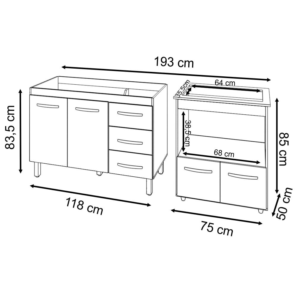 Balcão Armário Cozinha Gabinete de Pia 120 cm Bruna e Balcão para Fogão Cooktop 5 Bocas e Forno Evelyn Savana Off White 