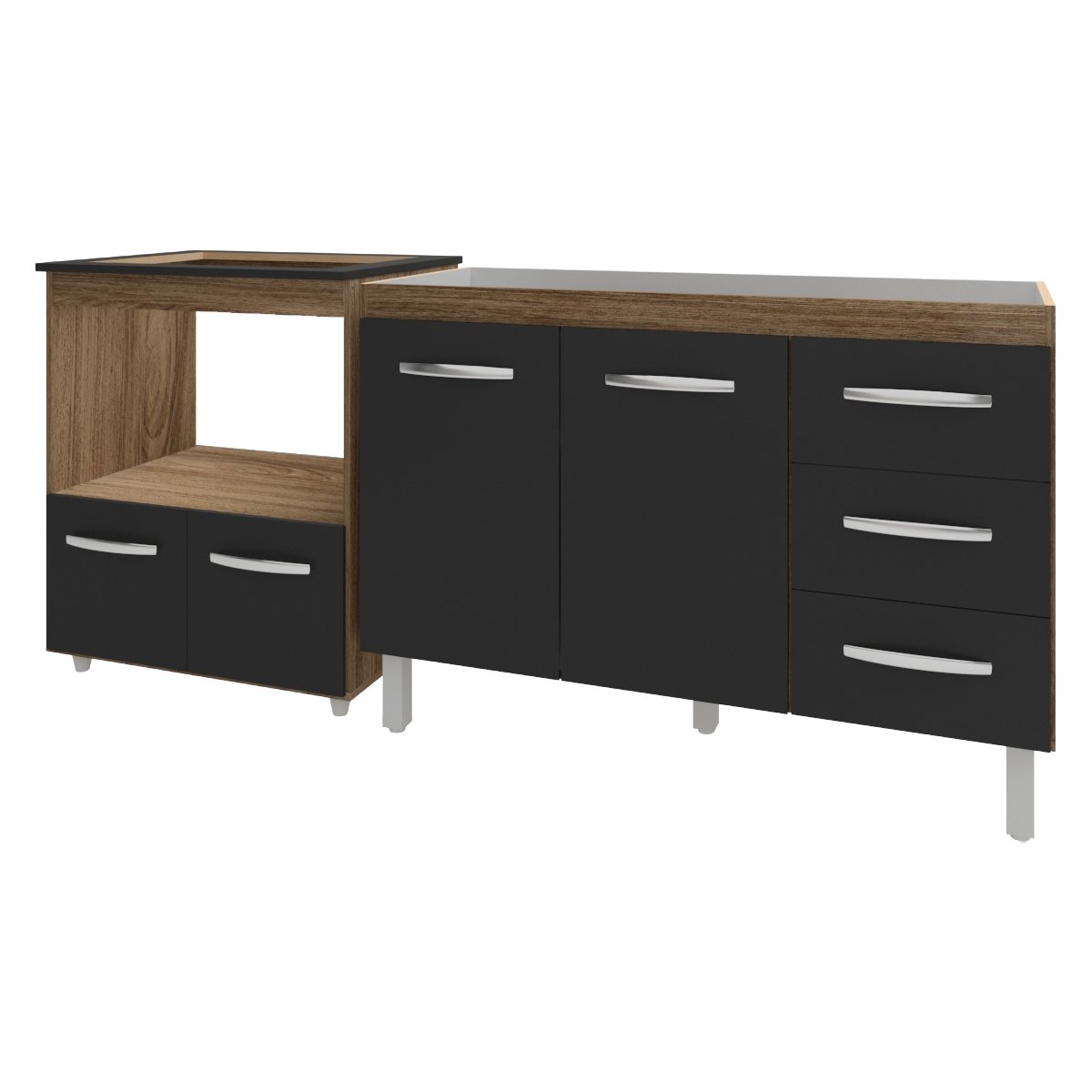 Balcão Armário Cozinha Gabinete de Pia 120 cm Bruna e Balcão para Fogão Cooktop 5 Bocas e Forno Evelyn Savana Preto 