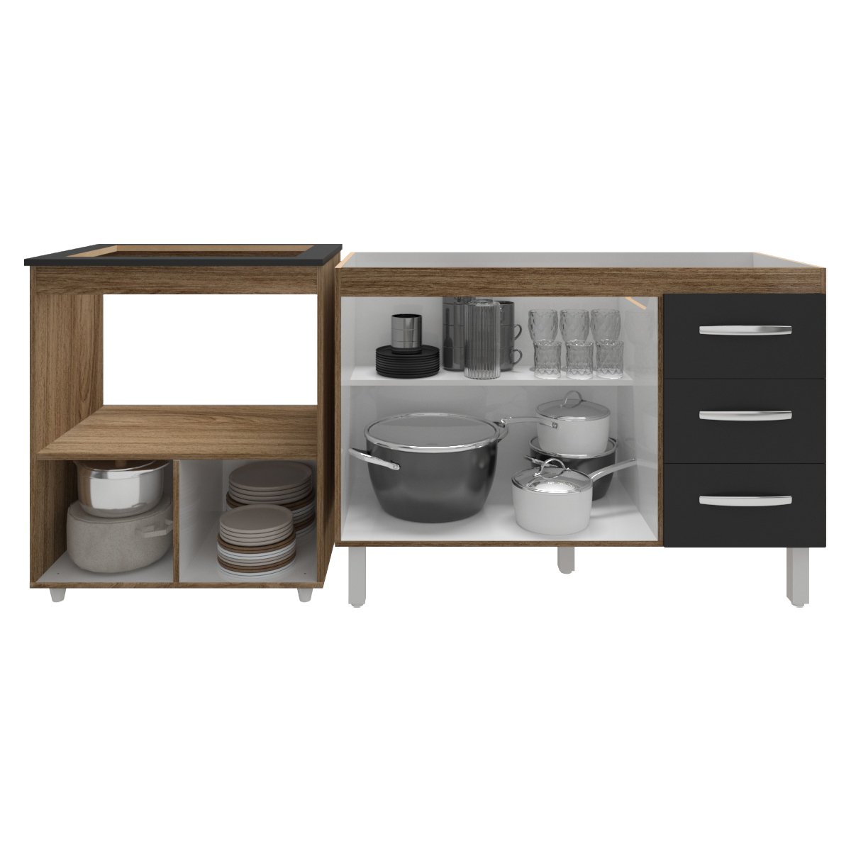 Balcão Armário Cozinha Gabinete de Pia 120 cm Bruna e Balcão para Fogão Cooktop 5 Bocas e Forno Evelyn Savana Preto 