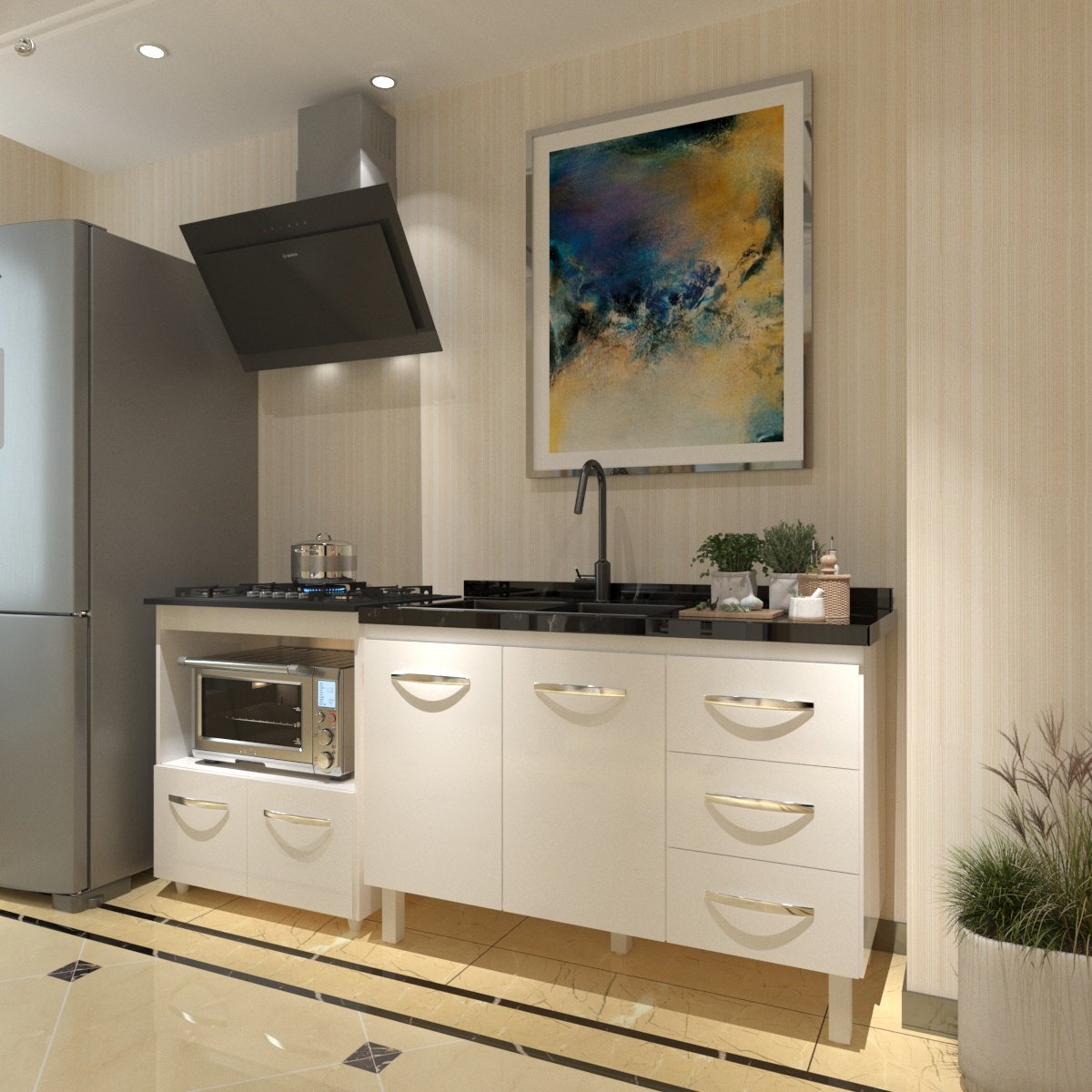Balcão Armário Cozinha Gabinete de Pia 120 cm Bruna e Balcão para Fogão Cooktop 5 e Forno Bocas Evelyn Branco 