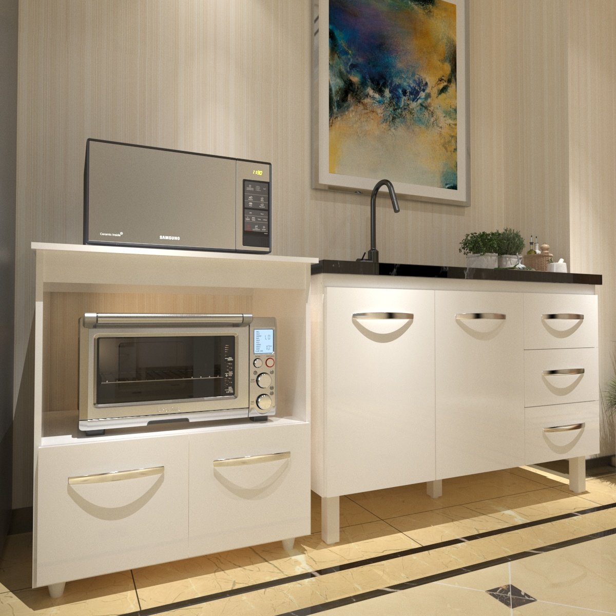 Balcão Armário Cozinha Gabinete de Pia 120 cm Bruna e Balcão para Microondas e Forno Elétrico Amanda Branco 