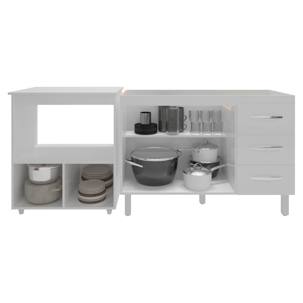 Balcão Armário Cozinha Gabinete de Pia 120 cm Bruna e Balcão para Microondas e Forno Elétrico Amanda Branco 